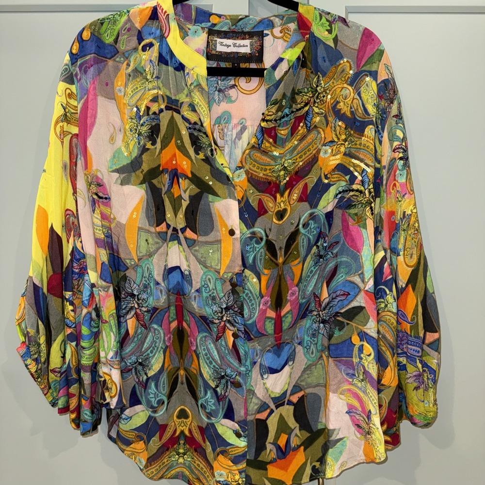 Vintage Collection Moma Blouse Small Batwing Cinch Sleeve Button Up Embellished